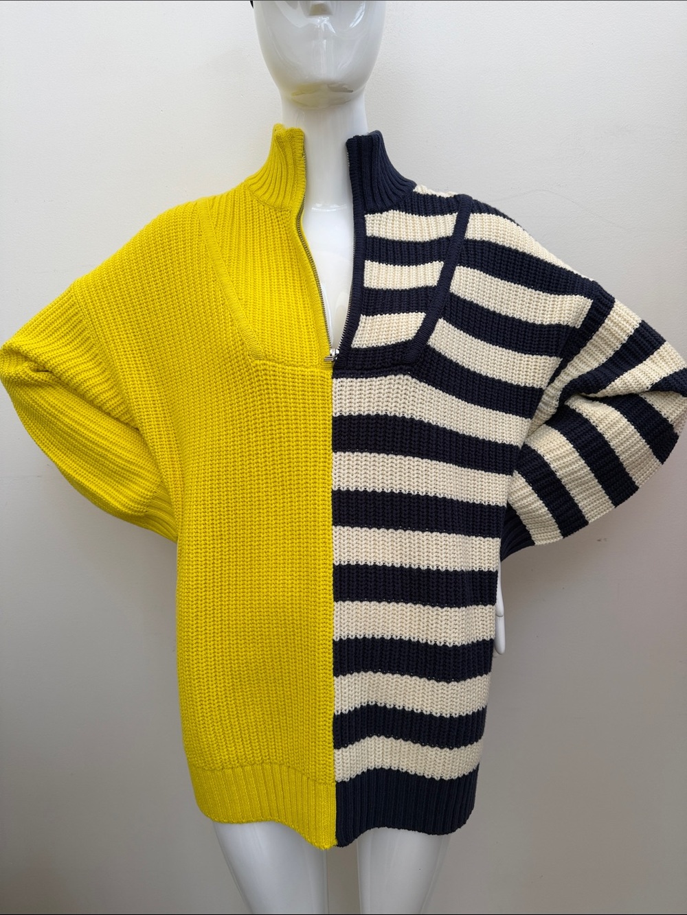 STAUD Colorblock Yellow and Navy Striped Half-Zip Knit Sweater, XS and NWOT